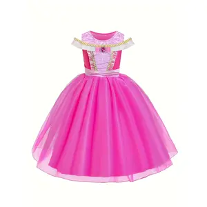 Girls' Pink Elegant Princess Dress with Crown and Jewelry Set - Sleeveless Tulle Party Costume for Halloween, Christmas, Birthday - All-Season Playwear, Princess Dresses for Girls, Halloween Costume, Decorative Bow Detail, Smooth Texture