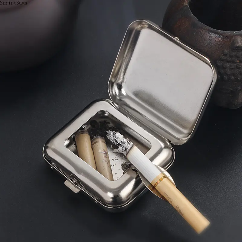 1Pcs Mini Portable Metal Ashtray, Pocket‑Size Outdoor Travel Ashtray, Lightweight Compact Smoking Accessory, Creative Car Dashboard Decor, Ideal for Camping, Hiking, Road Trips, Outdoor Sports and Daily Use Steel Color