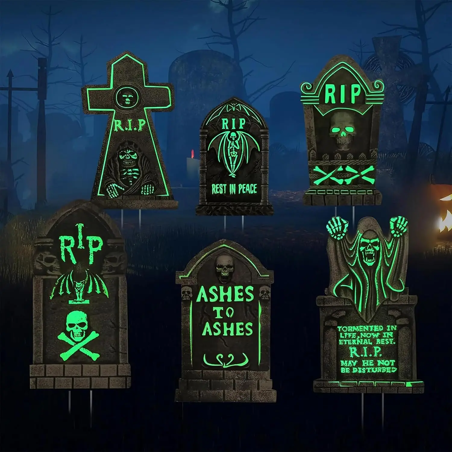 Fluorescent Halloween RIP Tombstones-6 Pcs Halloween Tombstones Outdoor Yard Signs Decorations with 12 Fix Stakes,Halloween Scary Tombstone Ornaments