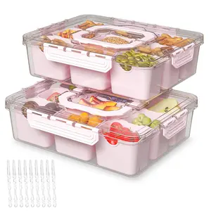 Divided Serving Tray with Lid and Handles 9 Compartments Snack Box Container Charcuterie Organizer Snackle Box Container for Candy,Nuts，Fruits,Snacks,2 Pack,Pink