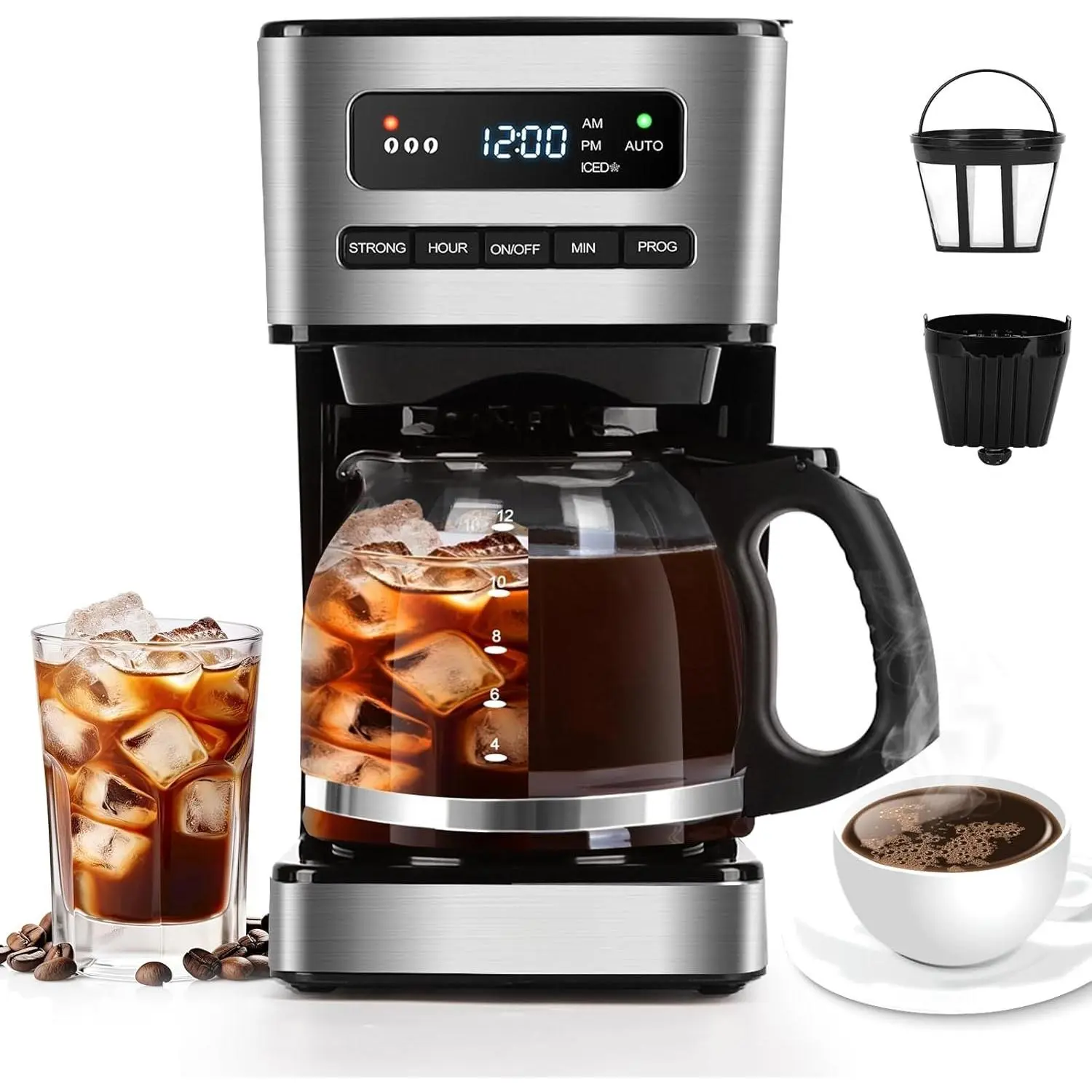 12-Cup Programmable Compact Automatic Coffee Machine - Leak-Proof Brewer, Personal Maker with Iced Mode, 4 Brew Strengths, LED Display, 24H Timer, Keep Warm, Auto Shutoff, Black & Stainless Steel for Home Offices, Busy Mornings