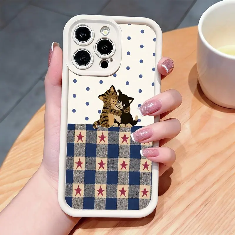 Polka dot checkered pattern phone case with embracing cat design. Compatible with iPhone 17 Pro Max/16 Pro Max/15 Plus/14/13/12/11, TPU soft case. Compatible with Galaxy S26 Ultra/S25 Plus/S24/S23, Dopamine color. Compatible with Galaxy A54/A53/A33/A15.