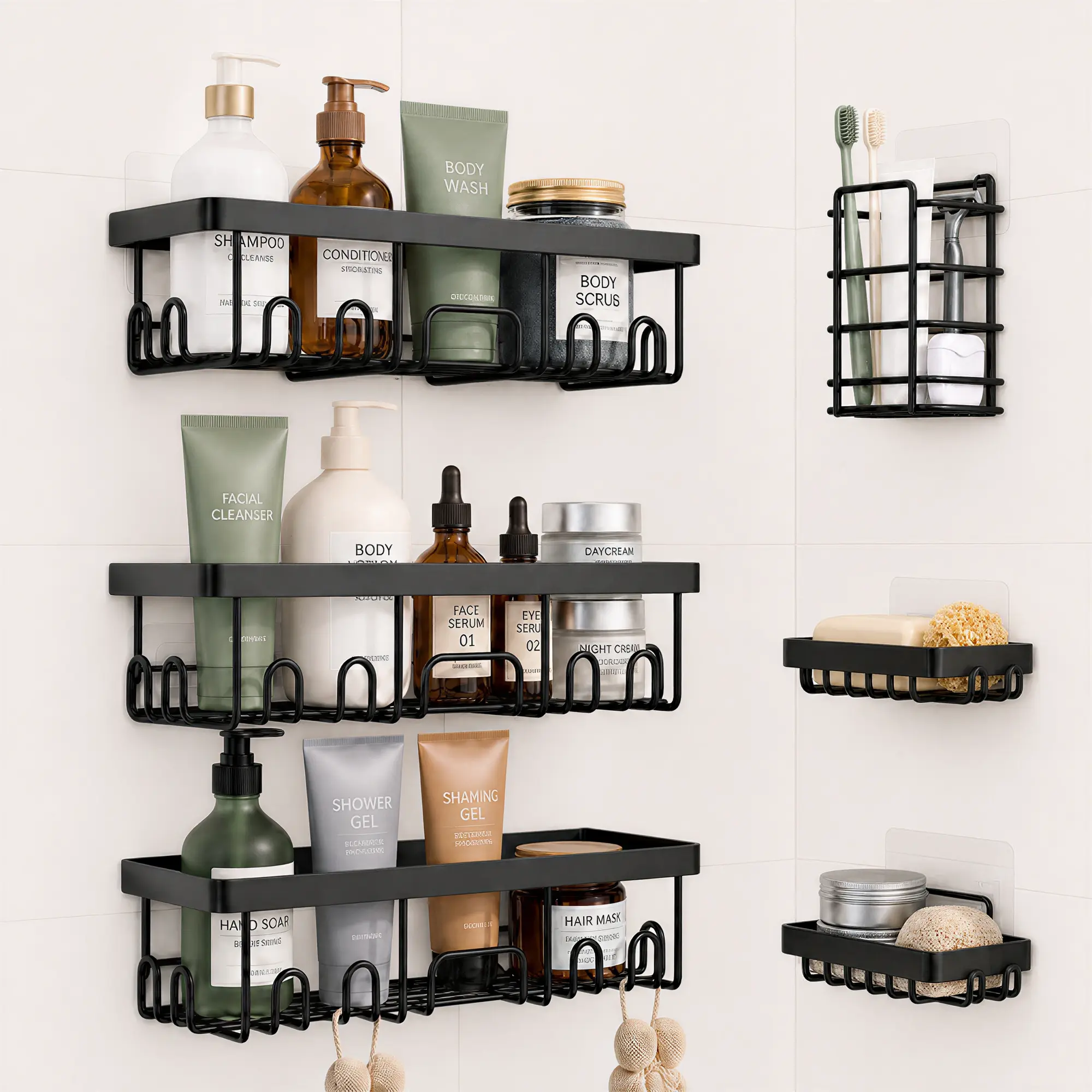 Shower Caddy 6-Pack, Shower Caddy 5-Pack,Advanced Rustproof Design, No Drilling Adhesive Shelves, Rack with Soap Holder, Large Capacity Bathroom Organizers and Storage, Wall-Mounted Kitchen & Home Decor