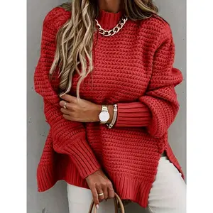Low High Hem Mock Collar Sweater, Elegant Autumn and Winter Long Sleeve Sweater, Women's ClothingGift Knitwear Fabric Elastic Womenswear