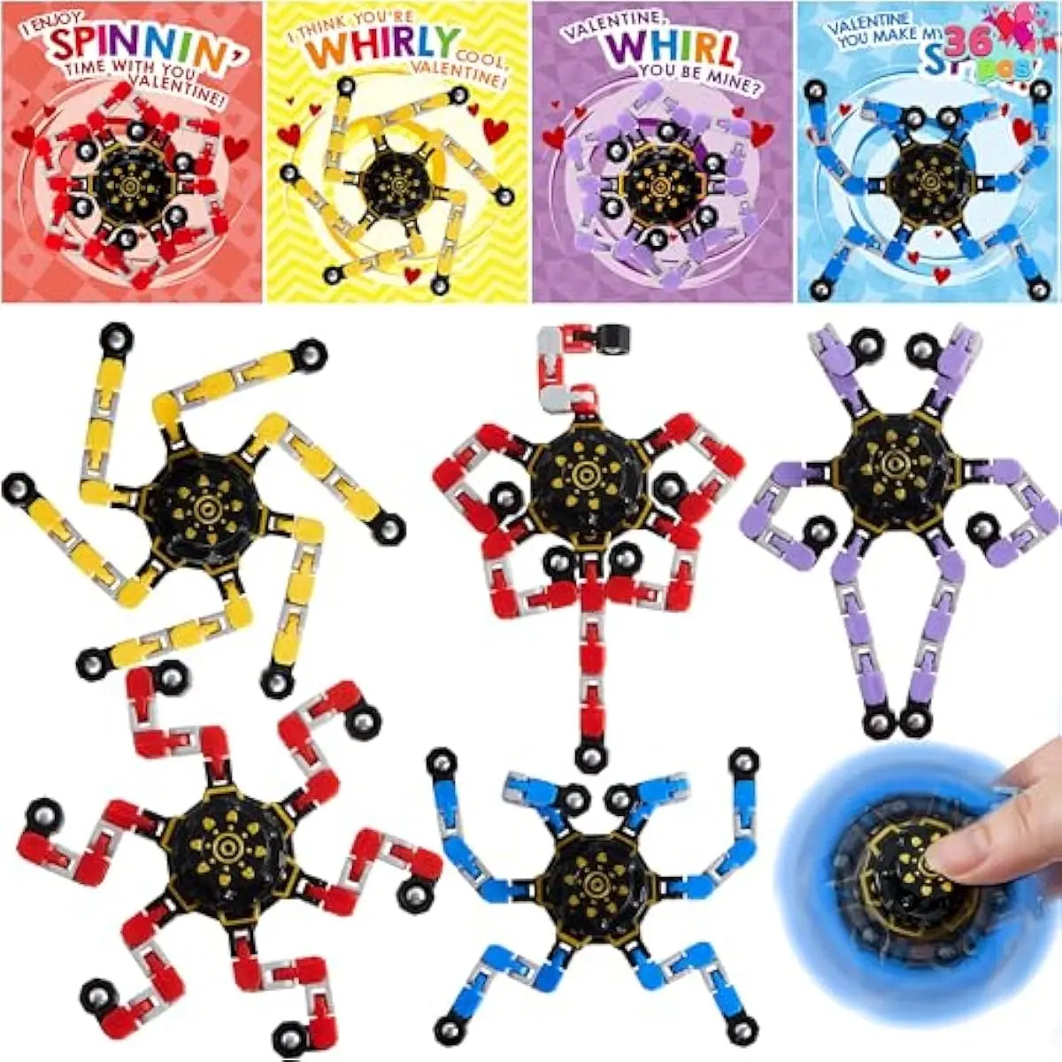 36 Packs Valentine's Day Gift Cards with Fidgets Spinners, Deformable DIY Spinners Fingertip, Stress Relief Fidget Toys for Kids and Valentine's Party Favors, Classroom Gift Exchange