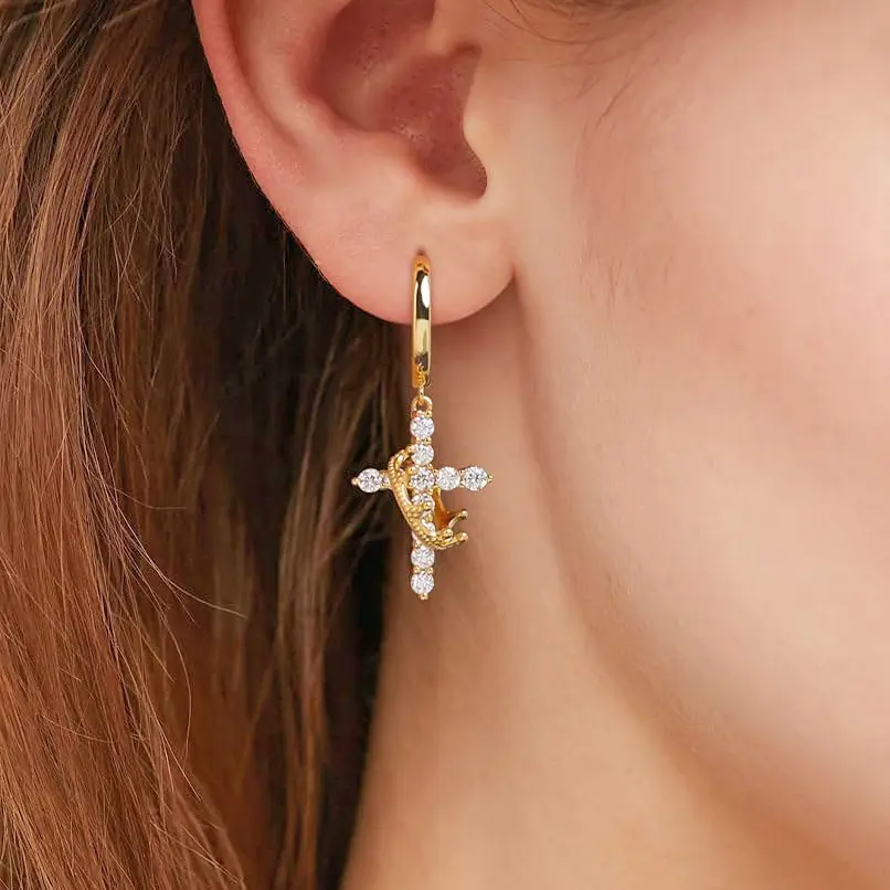God's Kiss Earrings Ladies' Cross Rotating Crown  14K gold plated and  zircon  pendants earrings Trendy Dainty Ladies' adorned gift