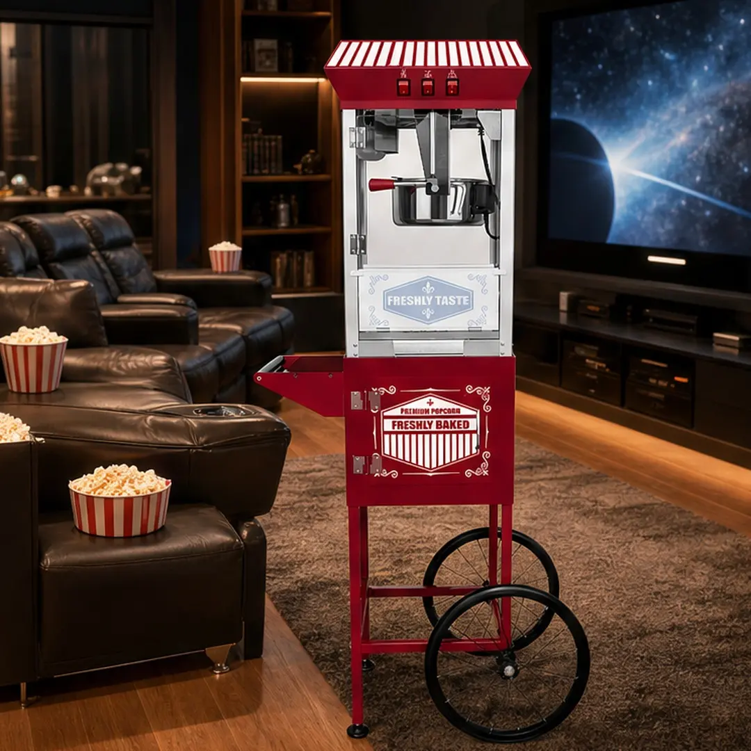 ARCH Vintage-Style Red Popcorn Machine Cart with 12-Ounce Stainless Steel Kettle, Movie Theater Popper on Wheels for Home Theater, Party, Kitchen, 4-Gallon Batch, Tempered Glass, 800W, Serving Utensils Included, Red Color Options, Color: Red