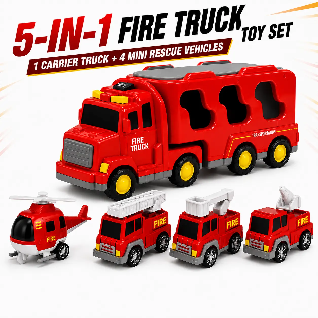5-in-1 Fire Truck Carrier Toy Set, Large Red Transport Truck with Rear Ramp, Helicopter, Ladder Truck, Aerial Truck and Mini Fire Vehicle