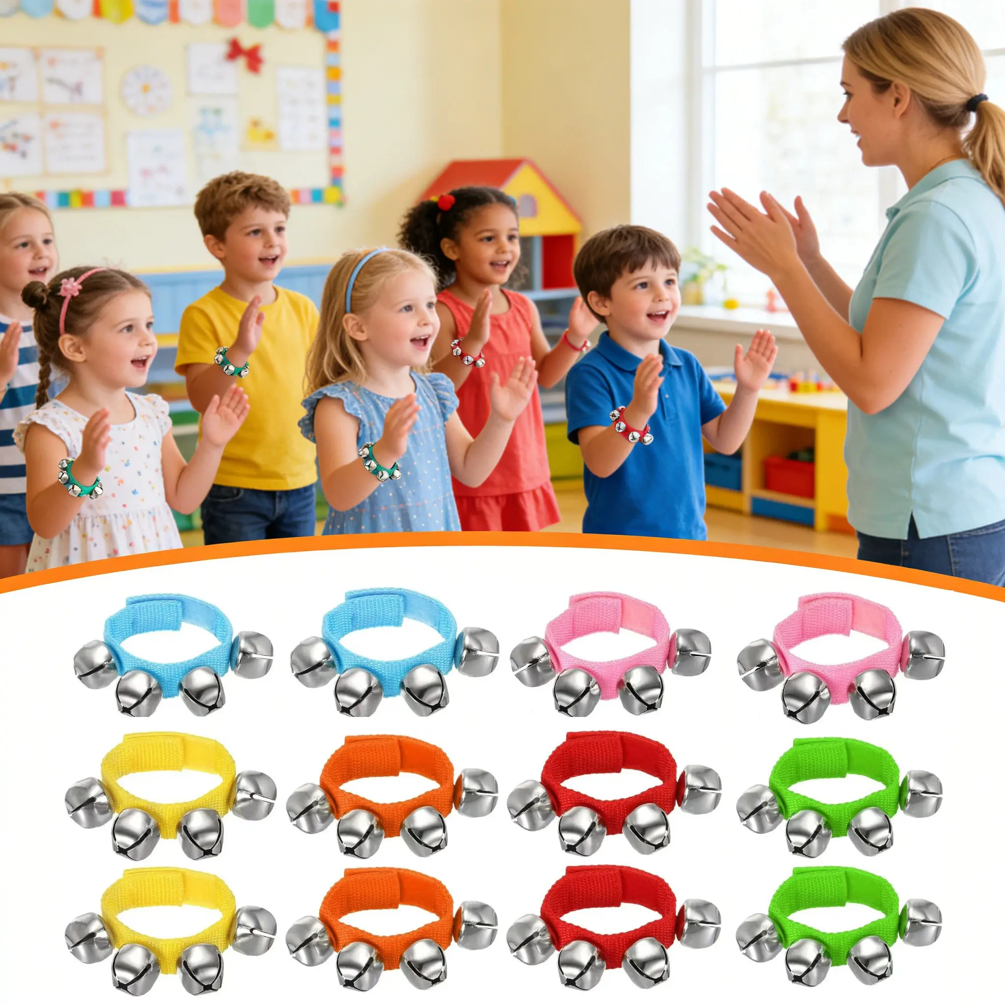 12PCS Adjustable Metal Jingle Bell Wrist Shakers with Dual Beads - Lightweight Kids' Percussion Musical Instruments, Easy to Wear for Classroom Use, Group Events, Sensory Play, Festivals, Unisex Early Learning Tools
