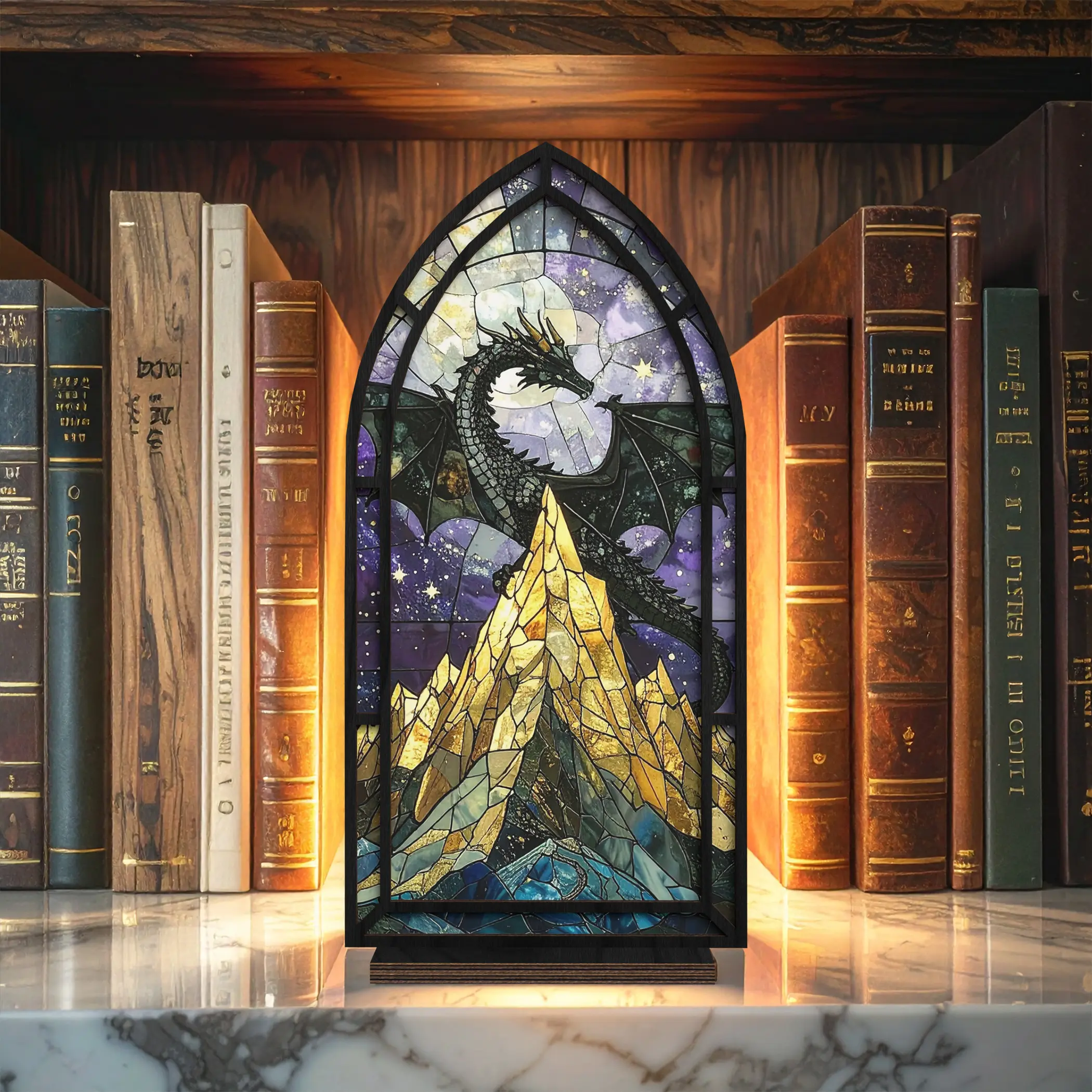 Velaris Stained Glass Acrylic Book Nook Light - Night Court Inspired Shelf Decor, Handcrafted-Style, Nighttime Glow, ACOTAR Bookish Gift with Electronic Candle, 1x Gift-Ready Box, Batteries, Fits Standard Paperback or Hardback Books for Fantasy Lovers, Bo