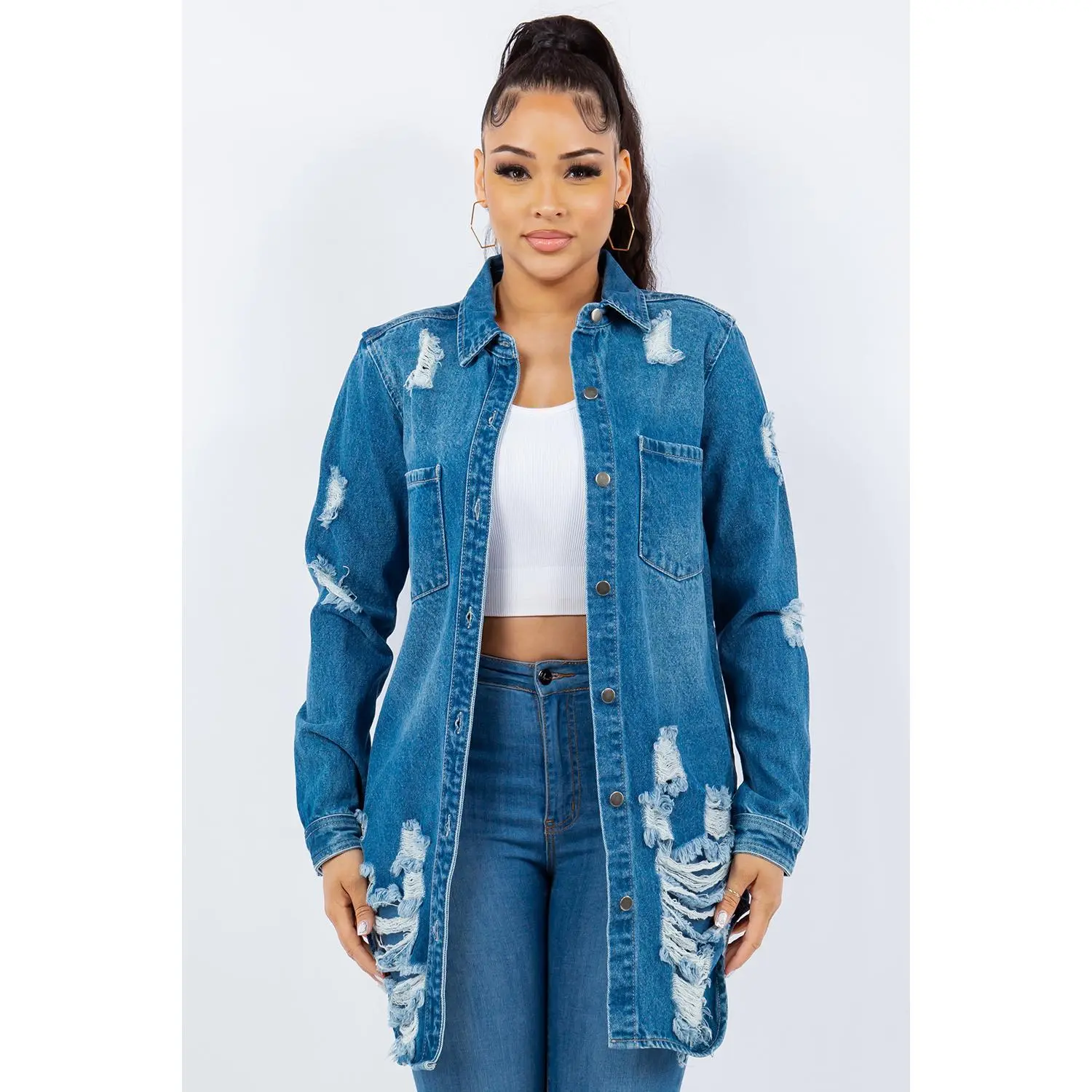 American Bazi Distressed Button Up Long Sleeve Denim Jacket