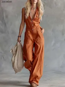 New Spring Summer American Style Sleeveless Lapel Jumpsuit, Loose Wide Leg, Casual Vacation Wear, Relaxed Fit, Women's Fashion Set, Lady