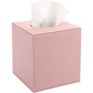Square Stylish PU Tissue Box Holder with Magnetic Bottom, Cube Leather Tissue Cover for Living Room Bathroom Table Desk Home Office Car, Pink