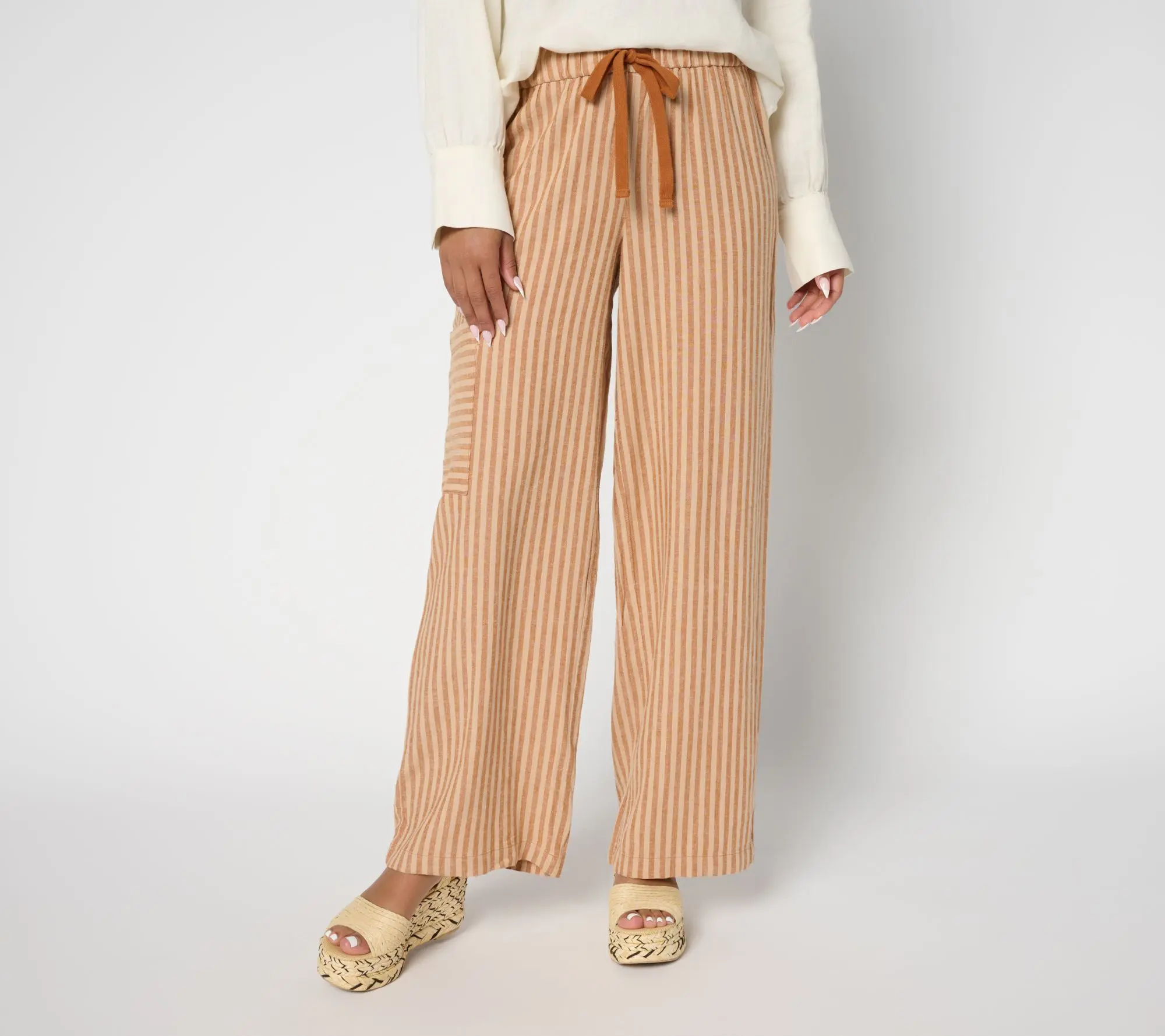 QVC Women's Boheme Petite Linen-Blend Full-Length Tie Pants