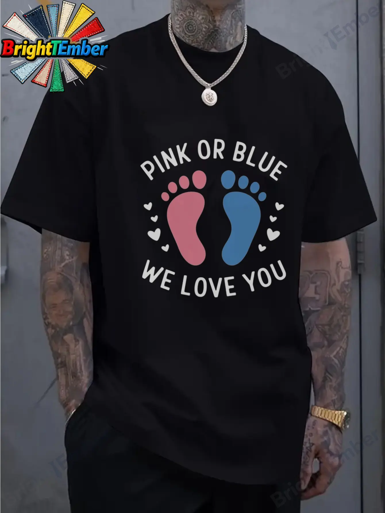 Gender Reveal T-Shirt for Everyone with Pink Or Blue Baby Footprints - We Love You!