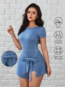 Tie-Up Denim One-Piece Short Skirt Dress, Sleeveless Adjustable Slimming Bodycon Mini Dress, Hot Girl Style, Perfect for Summer Fashion