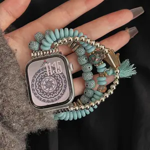 Ethnic Style Tassel Pendant Turquoise Beaded Silver Color Rhinestone Watch Band Replacement for Apple Watch S10/9/8/7/6/5/4/3, 49mm-38mm Smartwatch Accessories Smart Watch Accessories Smart Watch Straps
