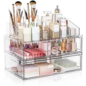 【SUHOPE】【Holiday Deal】3 Tier Clear Stackable Makeup Organizer with Drawer, 12''W Acrylic Storage Drawers, Cosmetic Display Case for Vanity Bathroom Countertop, Beauty Holder for Lipstick Brush Skincare Perfume