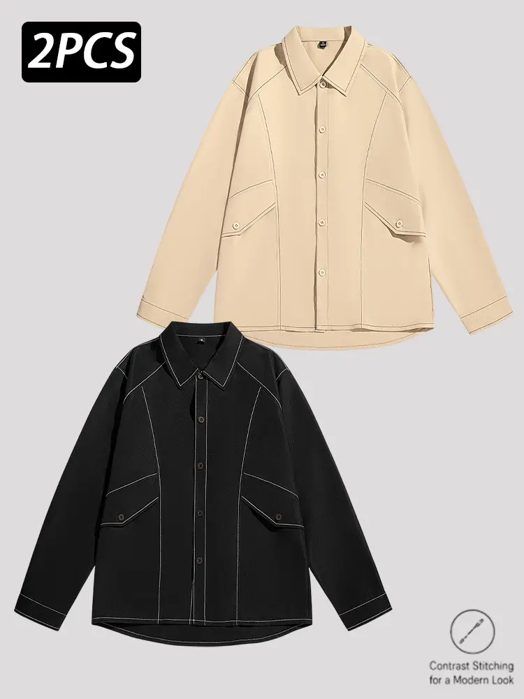 Men's Oversized Button-Up Shirt Garment - 1/2 Pack, Long Sleeve Classic Menswear Plain Overshirt with Point Collar, Contrast Stitching, Button Front, Flap Pockets, Hem, Casual Streetwear Layering Top (Black/Beige)