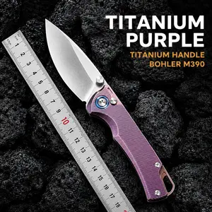 Mulight EDC Titanium Purple - M390 edge, Titanium Handle, Button Lock, Thumb Stud, bearing pivot system, every day carry, Outdoor Survival Gear, Durable Steel Tool