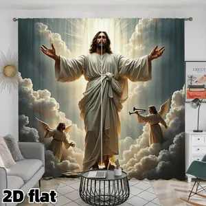 2D Flat 2Pcs Religious Art Sheer Printed Curtains Sky Angels Scene Print Rod Pocket Semi-sheer Polyester Panel Divine Inspirational Theme Light Filtering Drapery Window Drapes for Living Room Bedroom Church Prayer Window Treatment