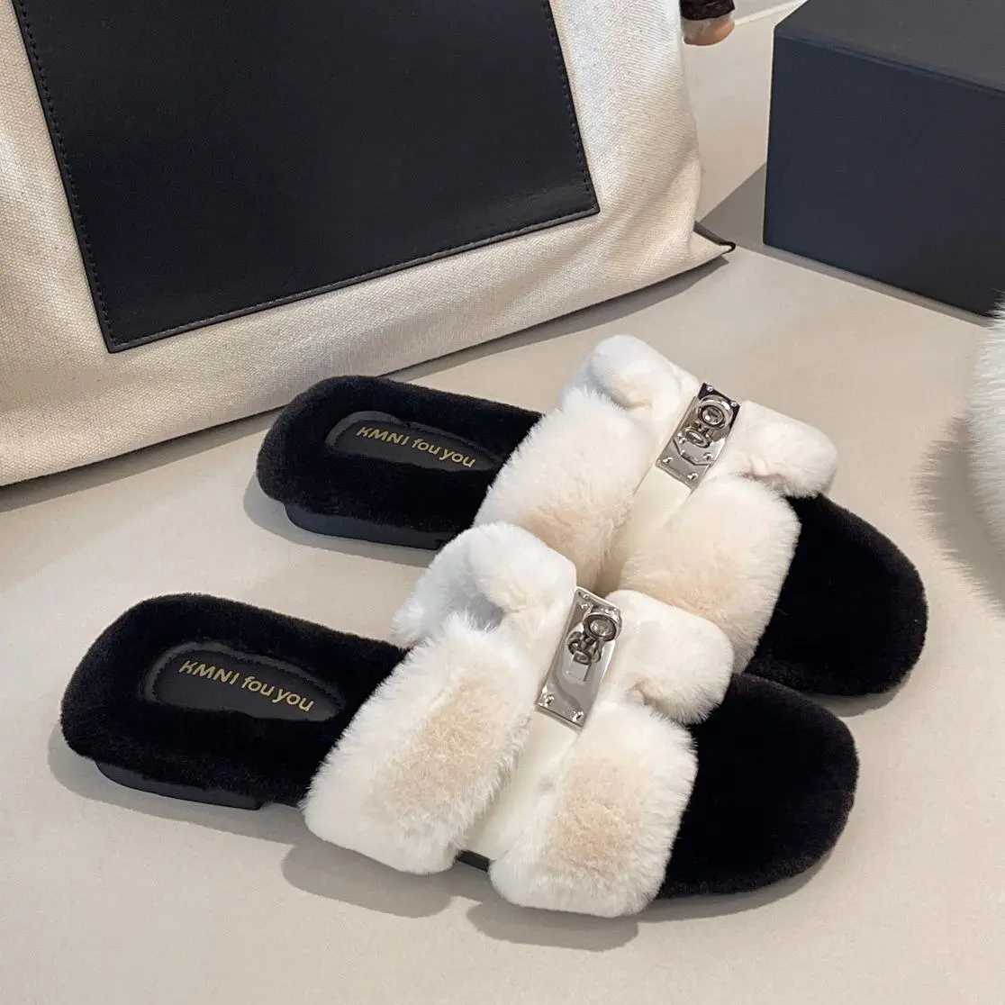 Plush Slippers with Metal Buckle Decoration - Elegant & Versatile Flat Slippers for Women Khaki