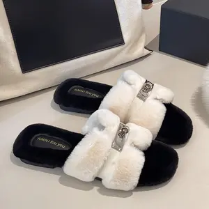 Plush Slippers with Metal Buckle Decoration - Elegant & Versatile Flat Slippers for Women Khaki summervibes