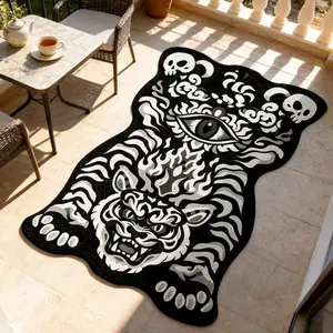Vintage Creative Flame Skull Tiger Print Rug, Tiger Pattern Rug, Fluffy Area Rug, Foldable Plush Carpet for Living Room Bedroom Balcony, Easy Care Mat