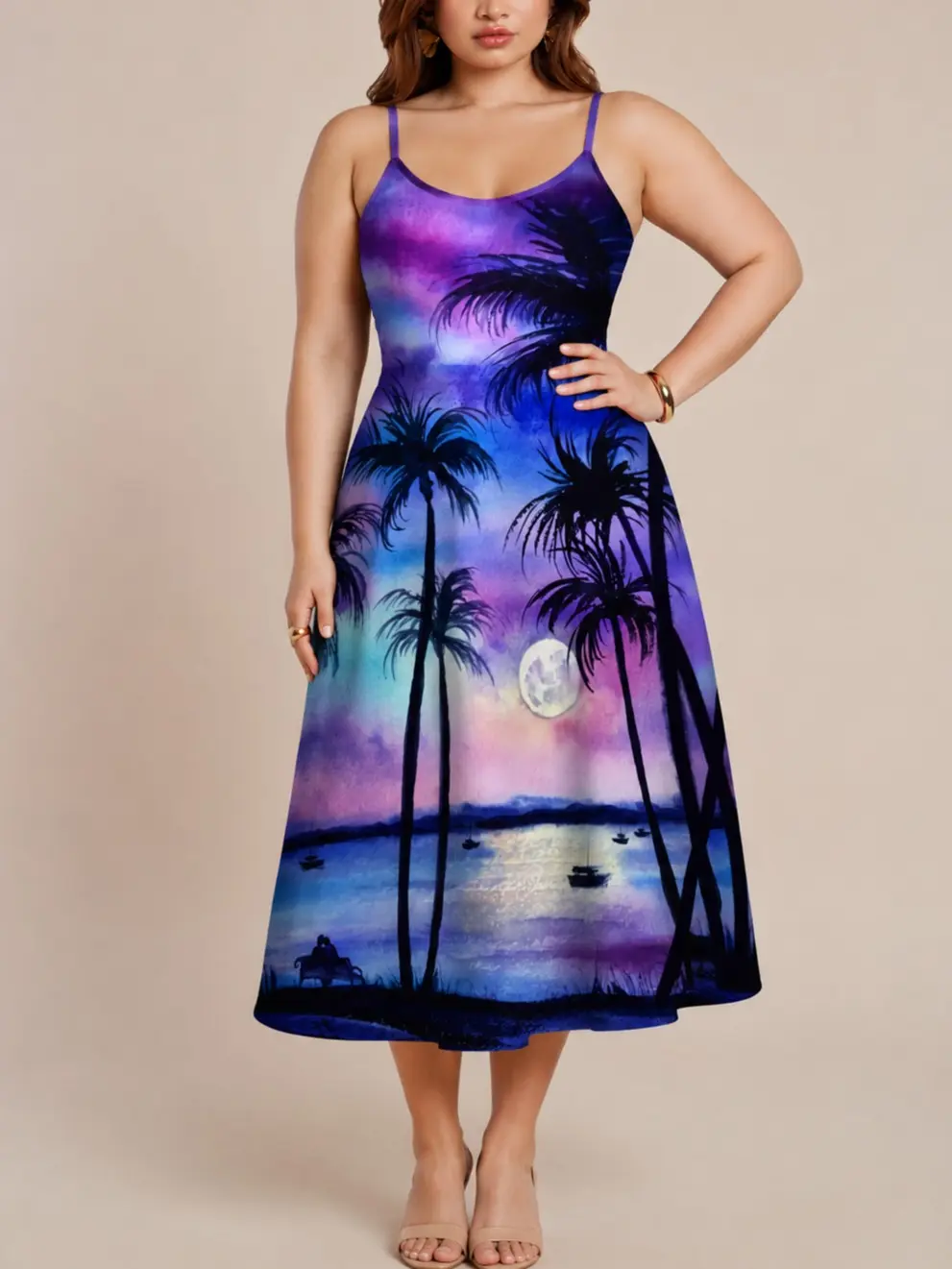Rgothic Women's Plus Size Gradient Full Moon & Tree Print Strap Neck Tank Dress - Multi-A, Casual A-Line, High Stretch Polyester, 3X/4X, Summer Beach Vacation, Casual Elegant Dresses