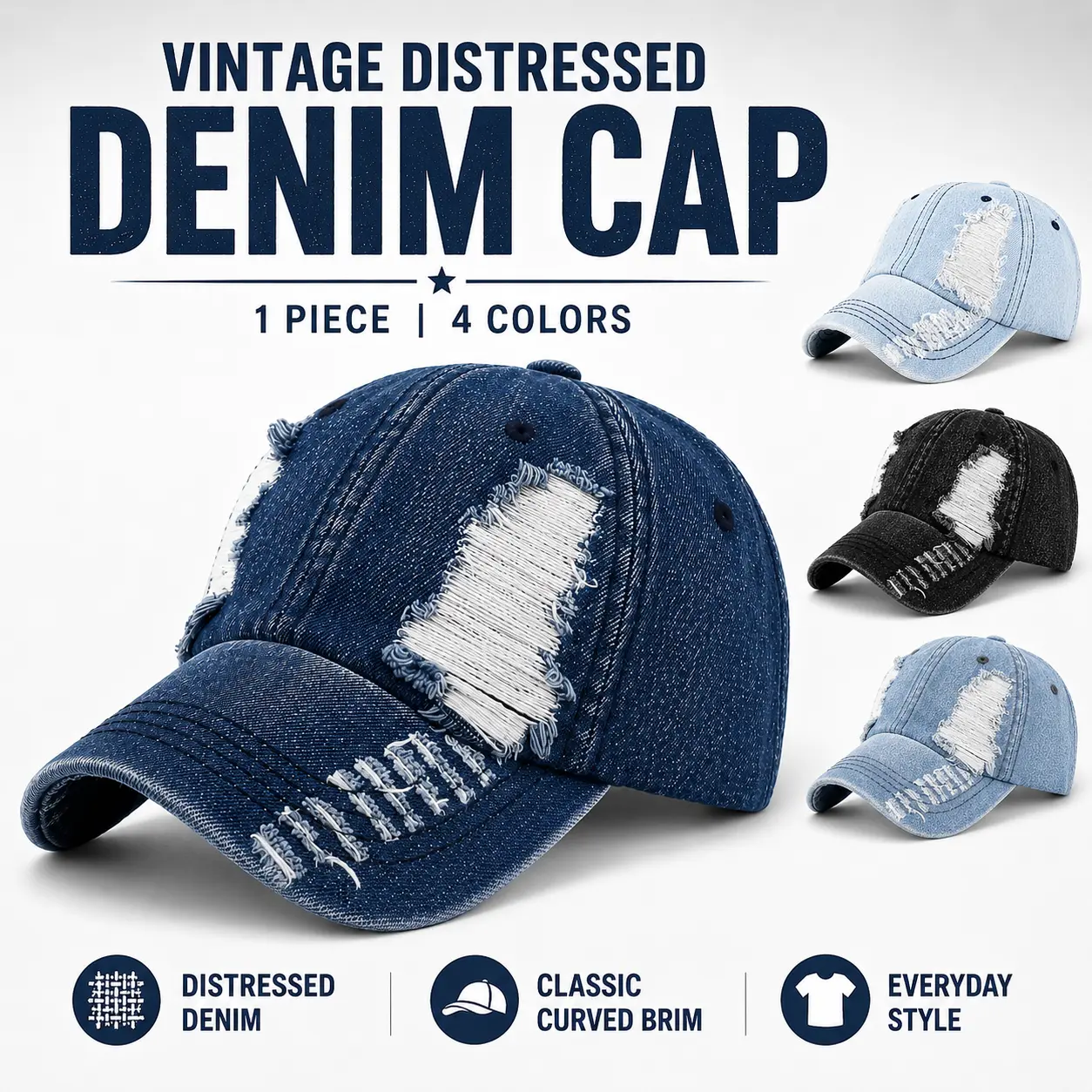 Distressed Denim Baseball Cap Vintage Washed Jean Dad Hat Adjustable Streetwear Fashion Cap for Women Men cap
