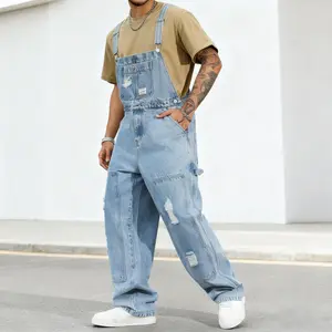 Bindefon Spring Men's Letter Print Distressed Casual Versatile Denim Bib Overalls Hang Out Street Work Menswear Fashion Outfits