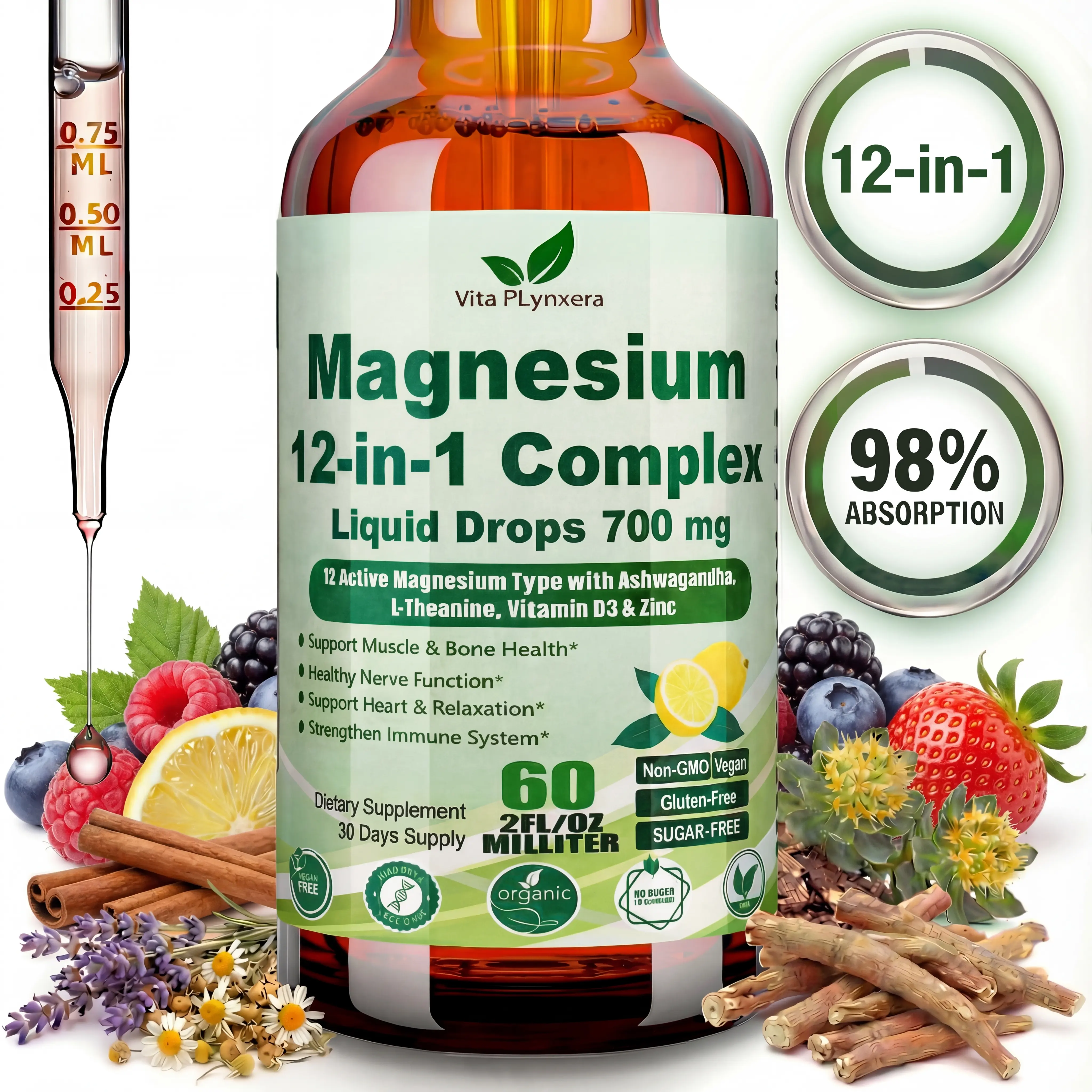 12-in-1 Magnesium Complex Liquid Drops, Chelated Magnesium Citrate Glycinate Taurate Malate Aspartate w. Ashwagandha Theanine D3 & Zinc for Relaxation Sleep Immune Health & Muscle FunctionWomen Men