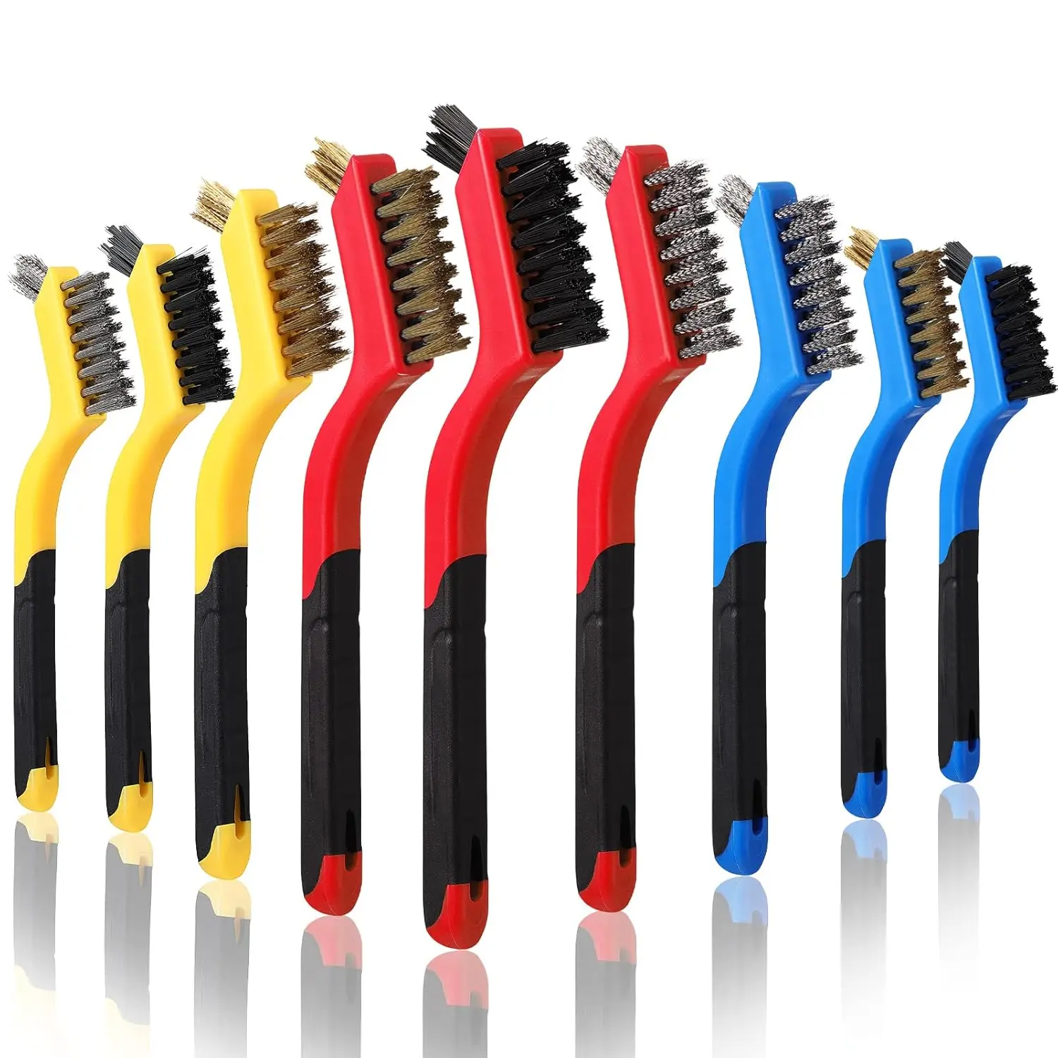 9 count Wire Brush Set Nylon Brass Stainless Steel Bristles with Curved Handle Grip, Wire Cleaning Brush Scratch Brush for Rust Remover Dirt  Removal Clean