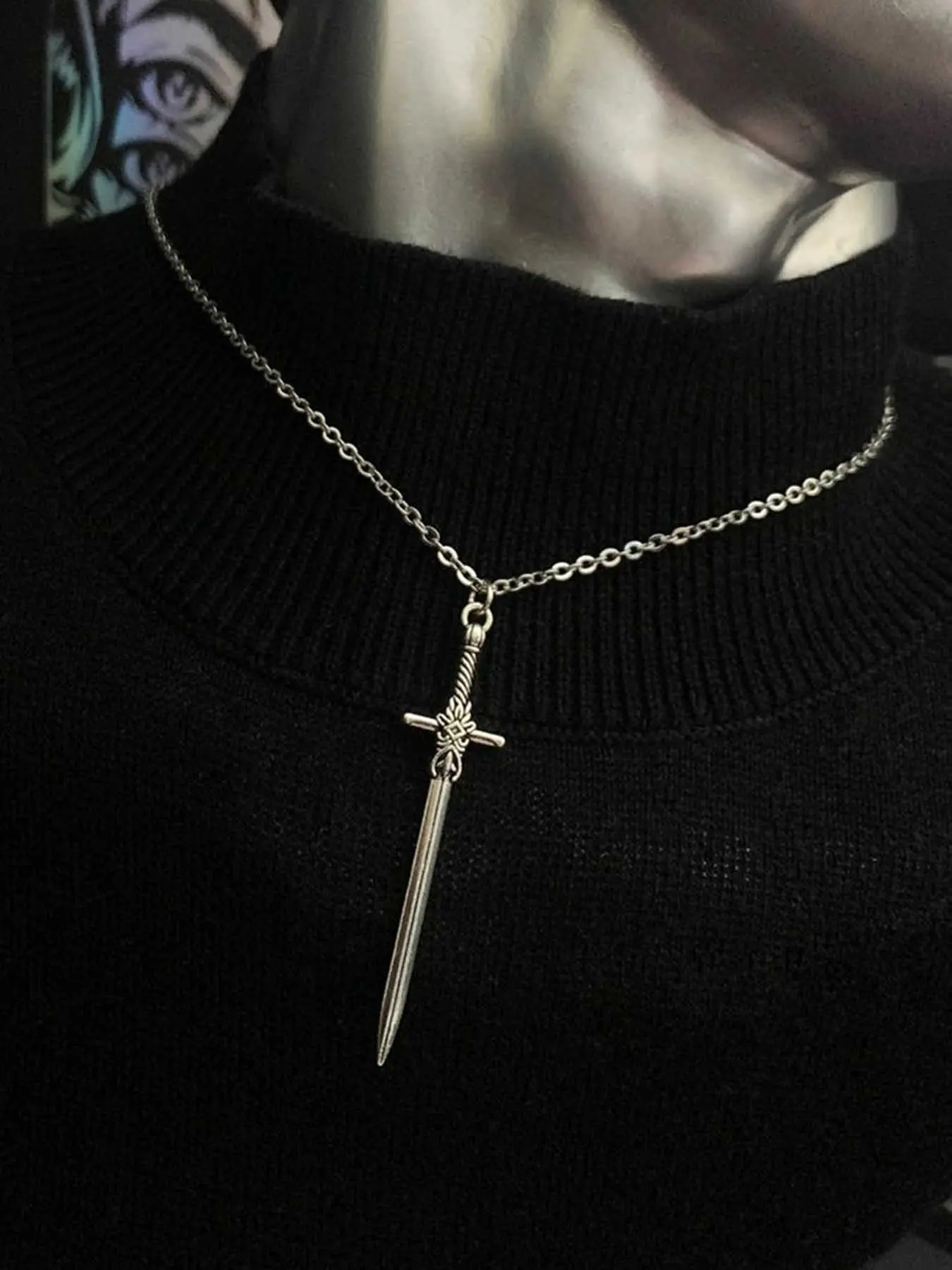 Gothic Cross Dark Punk Long Sword Pendant Necklace, Unisex Retro Minimalist Party Jewelry, Unique Personality Punk Style Necklace for Men and Women