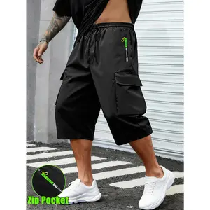 Plus Size Men's Camo Print Multi-Pocket Drawstring Ankle Cargo Pants, Lightweight Breathable Streetwear