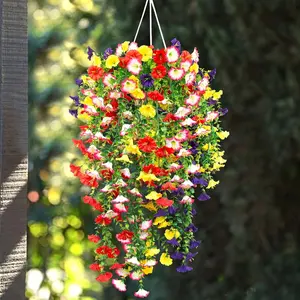 Outdoor artificial flower Morning Light hanging decorations, Artificial flower arrangements, include eucalyptus leaves hanging plants, mixed color artificial hanging flowers, suitable for outdoor patios, gardens, porches, weddings, home decoration