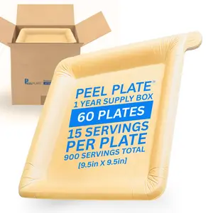 [NEW] Peel Plates - One Year Supply Box - 60 Large Plates 900 Servings Total [9.5in X 9.5in] - 15 Servings Per Plate - Reusable Paper Plates Disposable Dinnerware Set