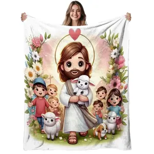Jesus with Lambs Flannel Blanket  Soft Funny Throw Blanket Cozy Lightweight Plush Portable Cover Blanket For Sofa,Warm Gift For Birthday,Christmas,Multiple Blanket