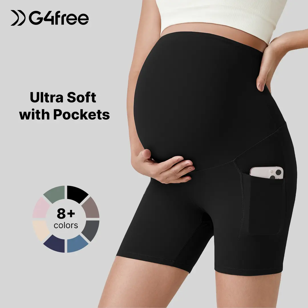G4Free Barefeel Maternity Biker Shorts - 5" Over The Belly Leggings with Pockets, Maternity Clothing, Pregnancy Must Haves, Soft Skin-Like, High Elasticity, Breathable, Wicking, Fast Drying, Athletic Workout Active Bottoms