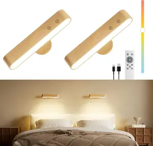 Rechargeable LED Wall Sconces Set of Two,Wall Lights for Bedroom with Remote Control and Touch,360° Magnetic Rotation,3 Colors Dimmable Brightness Wood Wall Lamps with 15 RGB Colors