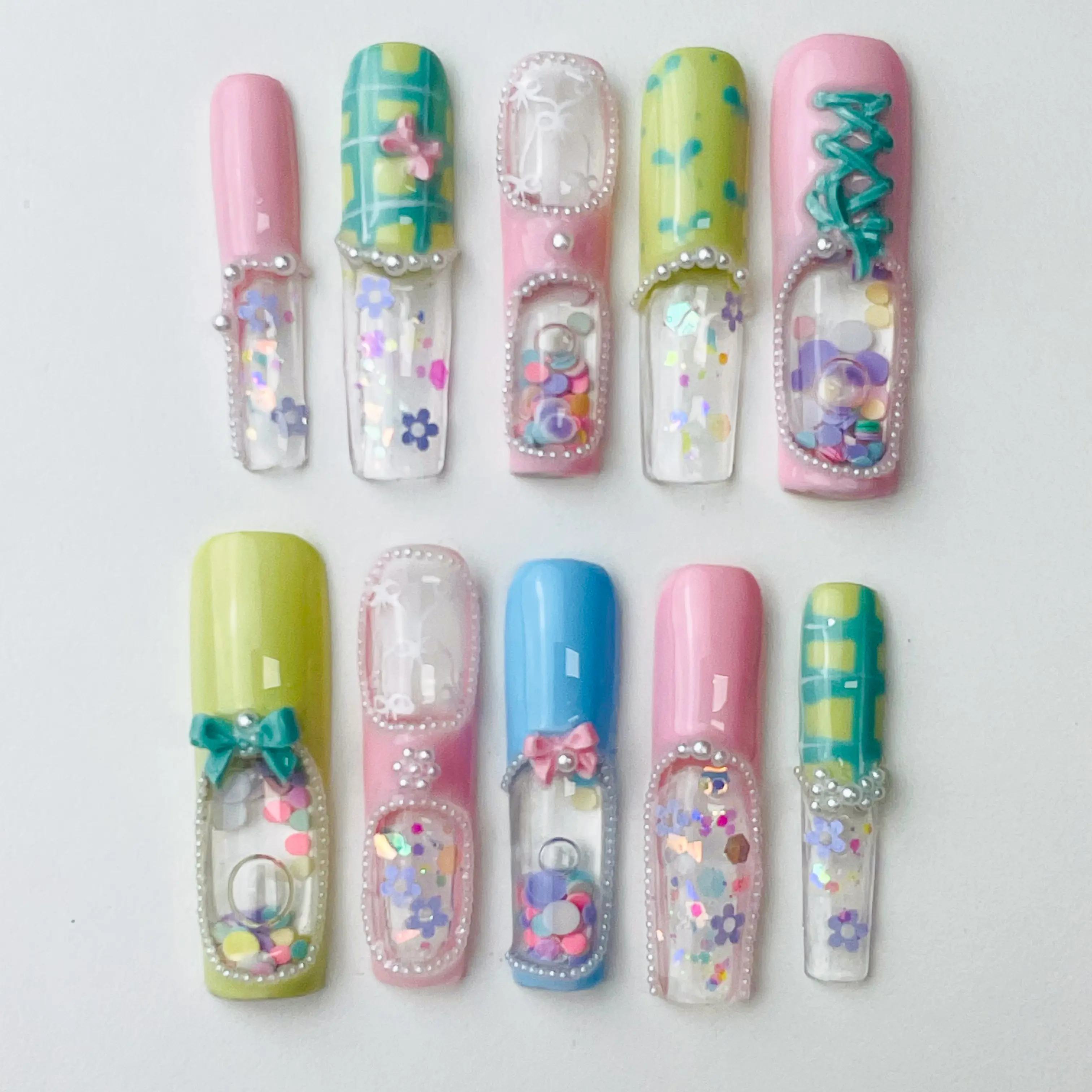 Sugar Bow Press-On Aquarium Nails - 1.7 in Square Chic Coquette Style, Pastel Liquid Core, Glossy DIY Nail Art Supply for Home Use, Press-On Apply & Quick Mani (Beauty & Personal Care)