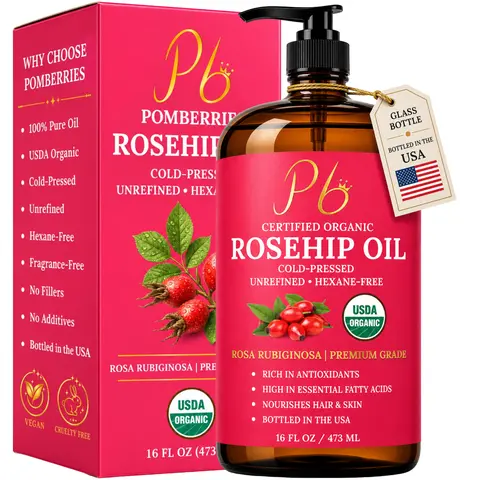 Pomberries USDA Organic Rosehip Seed Oil 16 fl oz (Rosa Rubiginosa) – Cold-Pressed, Unrefined – Amber Glass Bottle with Pump