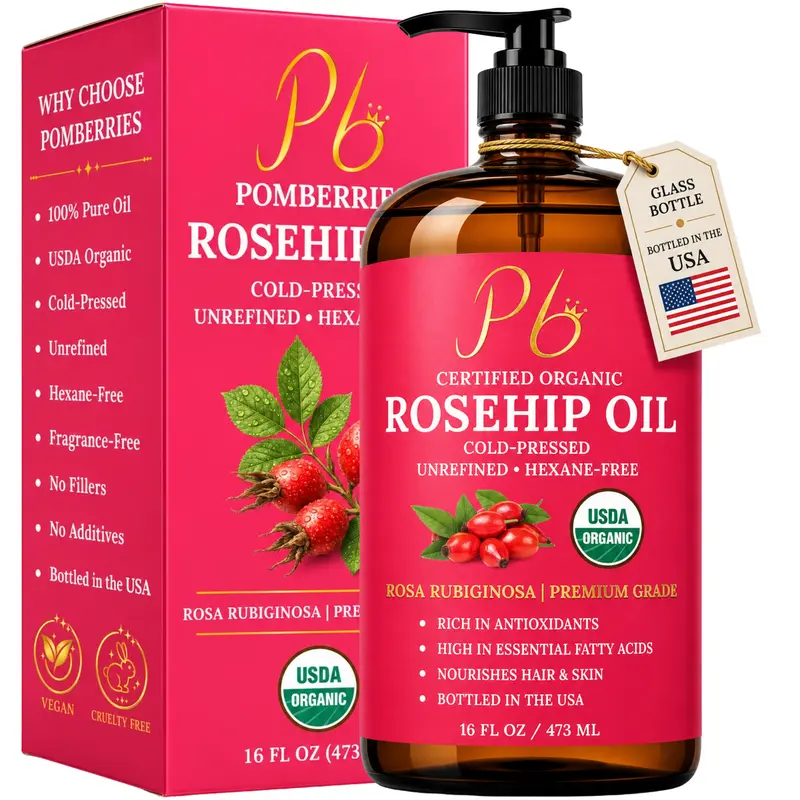 Pomberries USDA Organic Rosehip Seed Oil 16 fl oz (Rosa Rubiginosa) – Cold-Pressed, Unrefined – Amber Glass Bottle with Pump