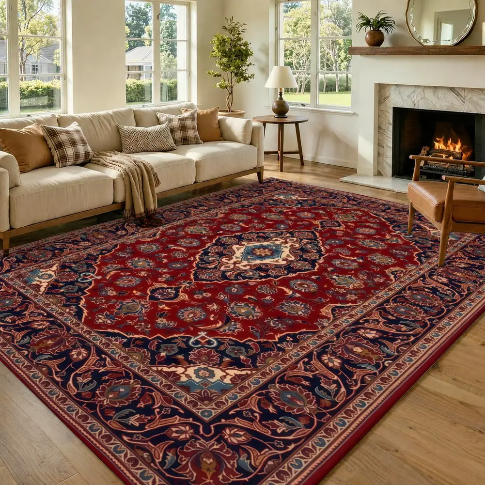Traditional Persian Red Velvet Area Rug - Intricate Oriental Living Room Rug, Decor for Living Room, Classic Home Furnishing, Living Room Rugs