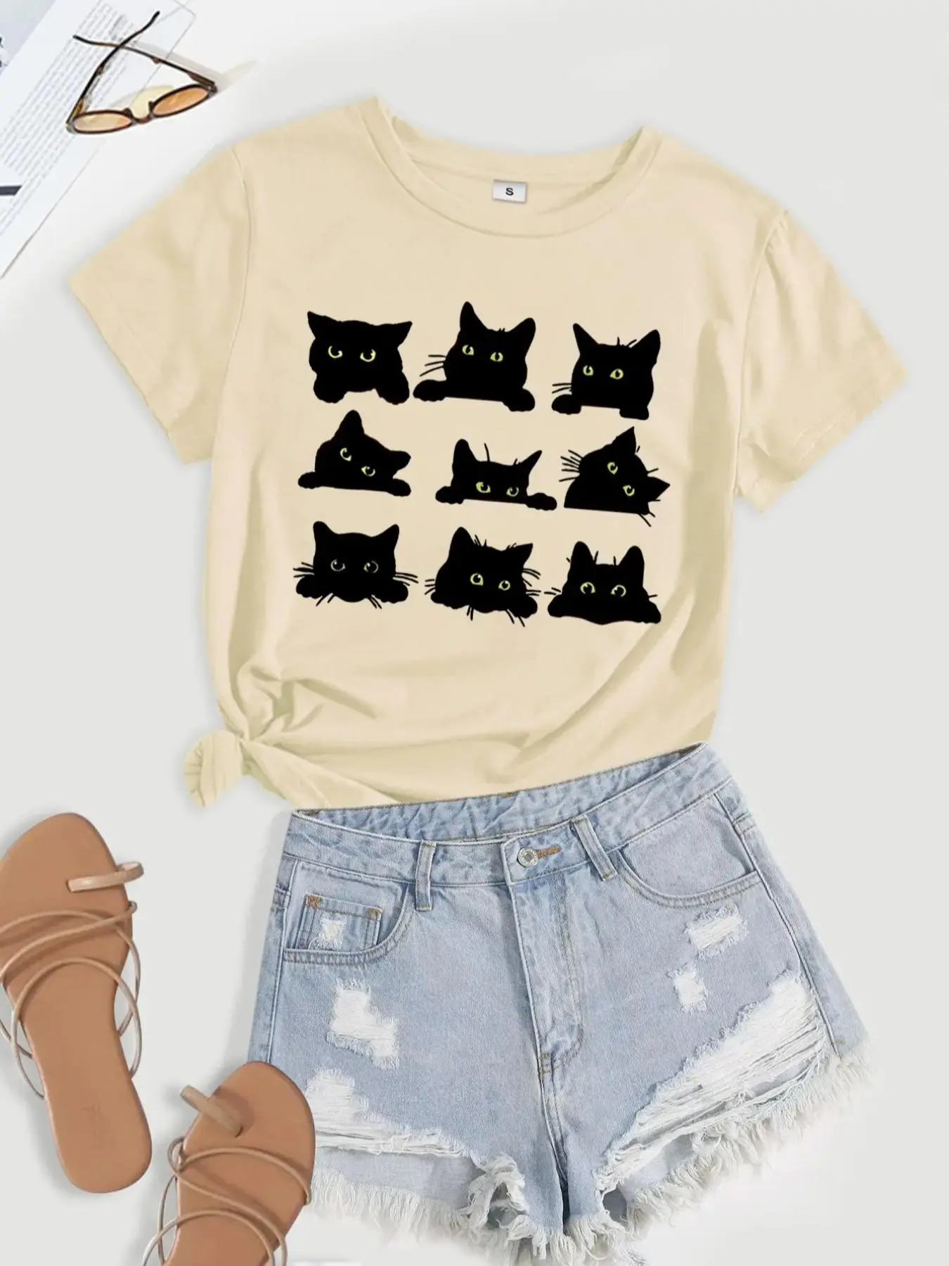 Women's Cartoon Cat Print Short Sleeve Fitted Soft Jersey Tee, Casual Fashion Round Neck Printed T-shirt, Summer Clothes Women, Women's Top for Daily Wear, Clothing, Lady, Casual Chic Streetwear, Casual Everyday Tops