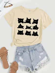 Women's Cartoon Cat Print Short Sleeve Jersey Tee, Casual Fashion Round Neck T-shirt, Summer Clothes Women, Women's Top for Daily Wear, Clothing