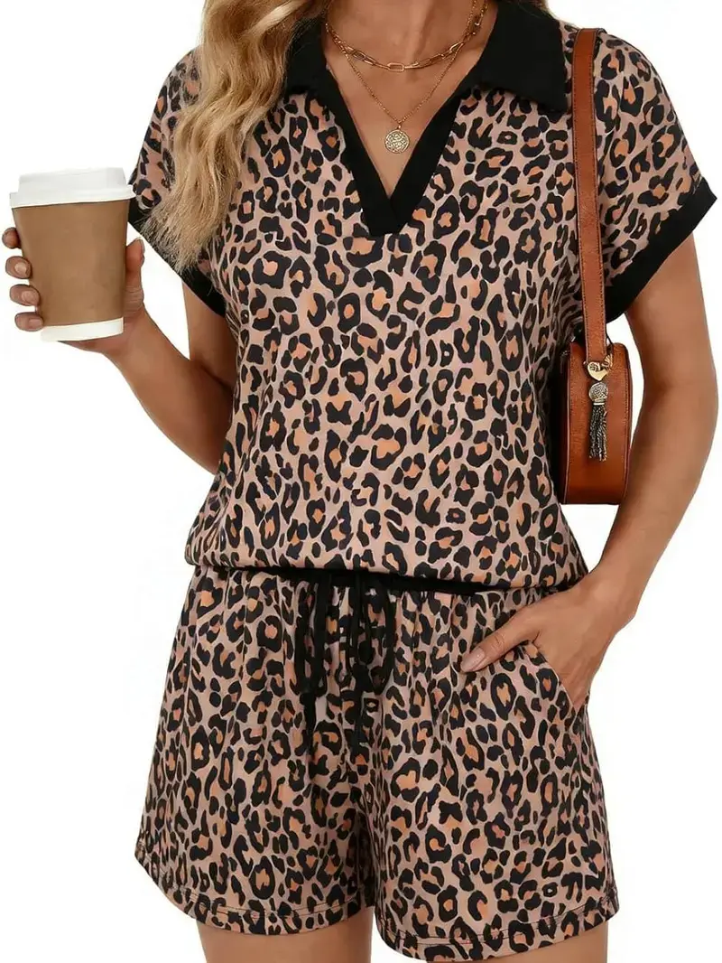 Women Leopard Print Short Sleeve Polo Collar Tops Drawstring Elastic Waist Shorts 2 Piece Outfits Casual Summer Vacation Track Sets
