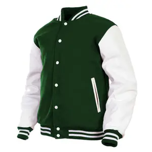 Deckra Men's Letterman Style Varsity Baseball Jacket - Long Sleeve Menswear with Faux Leather Sleeves, Wool & Polyester Body, Handmade Embroidery, Pocket, Button Fastener, Casual Varsity Look Top & Coat (Green/White)