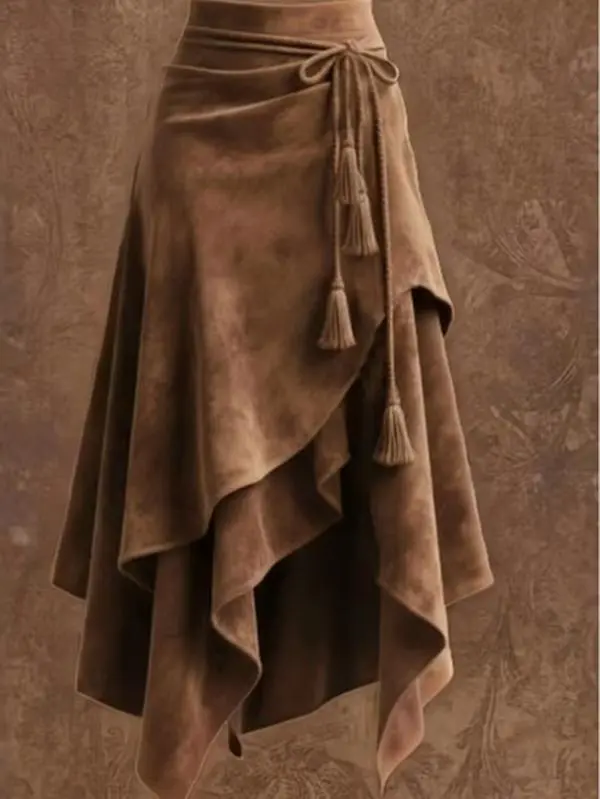 Elegant Asymmetrical Skirt with Tassels - Brown Suede Material, Perfect for Stylish Outfits