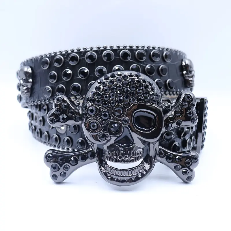 Rhinestone Skull Belt Punk Studded Western Adjustable Leather Y2K Unisex Red Studded Rhinestone Belt Skull Western Punk Goth  main image 2